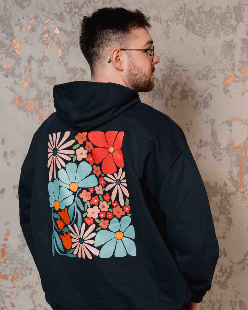 Hoodie: Retro Flower Backprint Pink