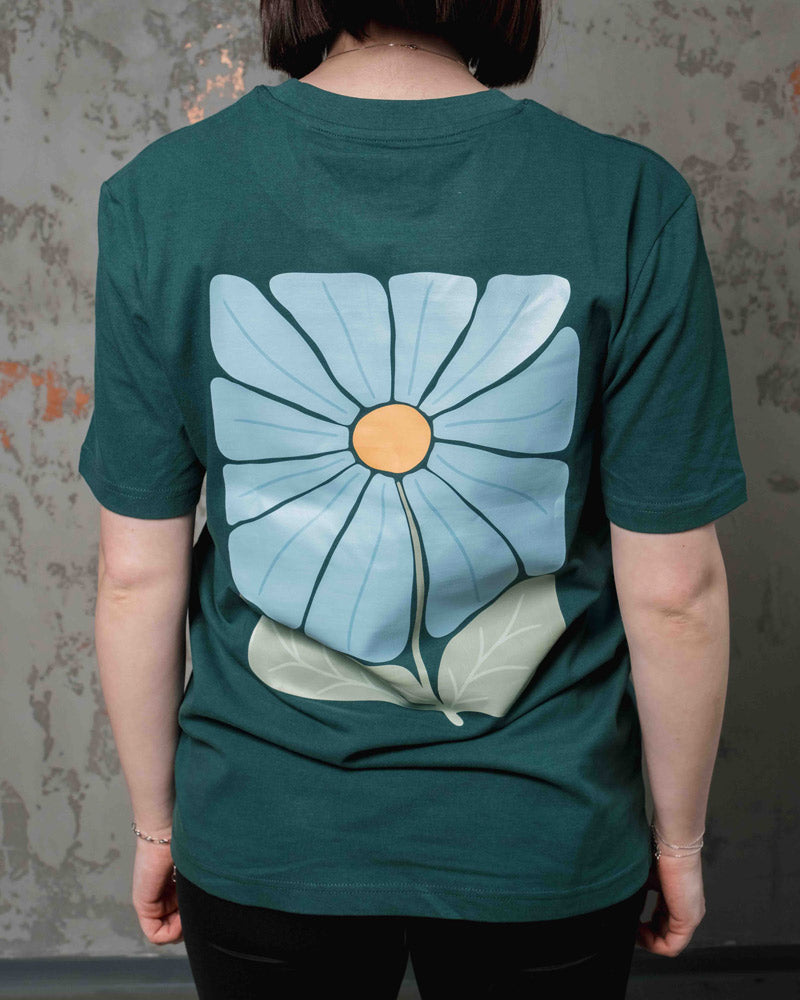 Shirt: Retro Flower Blau Backprint