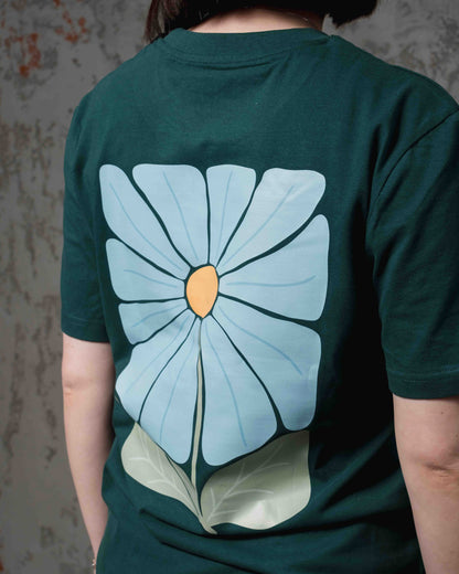 Shirt: Retro Flower Blau Backprint